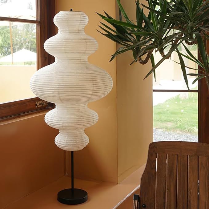 Decorative Floor Lamp with Ribbed Gourd Shape, Beige, 39 in,Zephyr Akari Floor LAMP