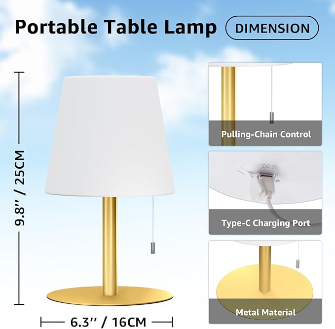 uuffoo Shower Lamp Waterproof Warm White & RGB Shower Light Dimmable LED Rechargeable Table Lamp Cordless Outdoor Lamps Portable for Indoor Outdoor Bathroom Home Patio H9.8in D6.3in (Gold)
