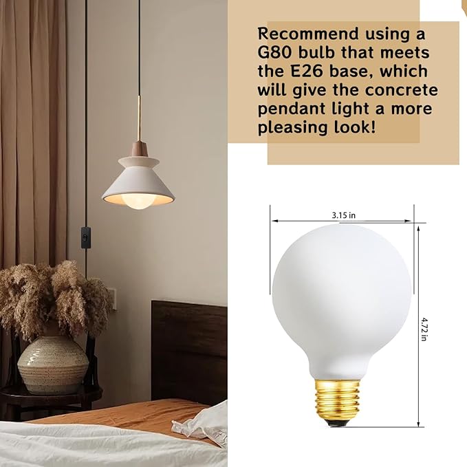 7.7" Plug in Concrete Pendant Light, Nordic Wabi Sabi Pendant Lamp with Wood Accent White Cement Pendant Light Minimalist Lamp for Living Room Bedside Kitchen Island Dining Room Apartment Dorm