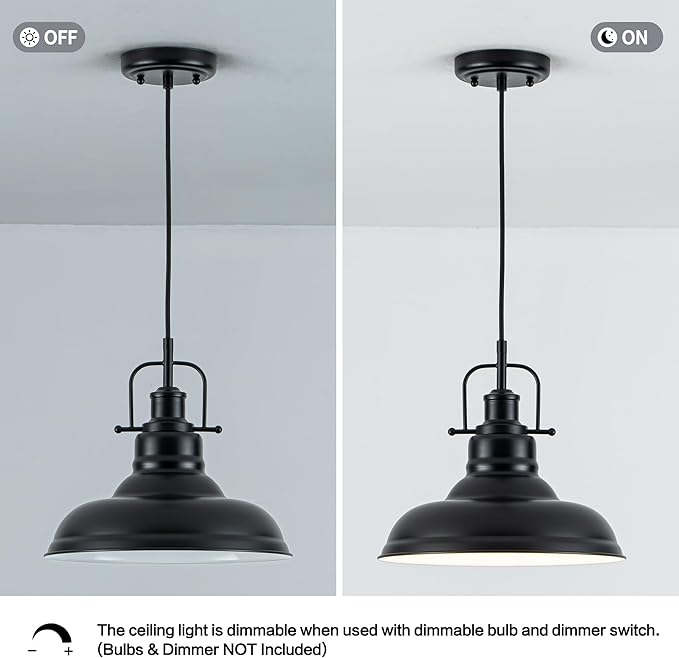 Famrhouse Pendant Light, Black Pendant Light Fixture with Metal Dome Shade, Adjustable Height Hanging Light for Kitchen Island, Living Room, Bedroom