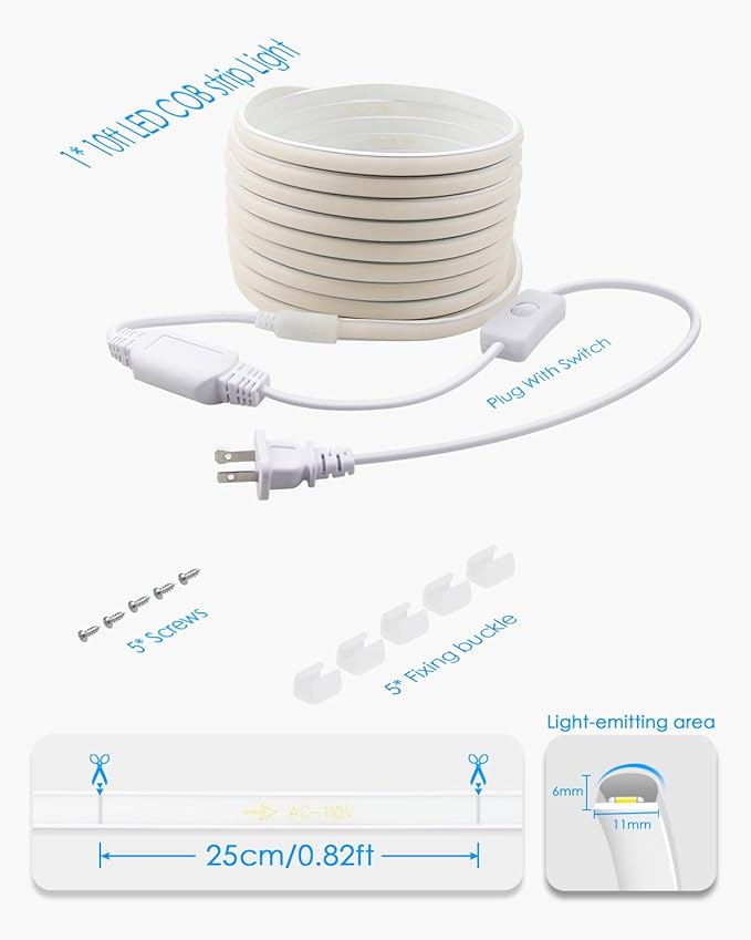 120V COB LED Rope Lights 10FT Outdoor LED Strip Lights Waterproof Daylight White 6000K Super Bright Flexible LED Tape Lights with Switch Plug in 288Leds/M for Indoor Exquisite Wall Decor 3M