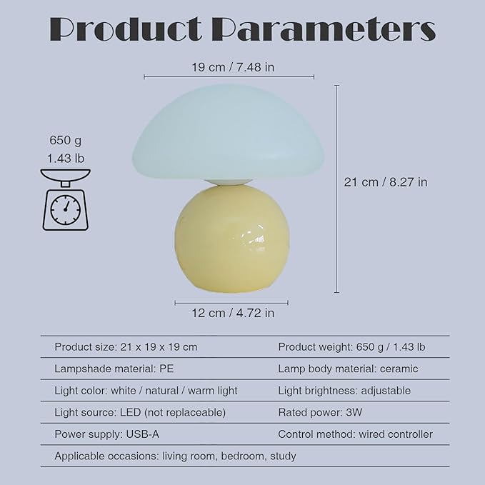 Cute Small Mushroom Lamp, PE Lampshade, Ceramic Spherical Base, Adjustable Light Color and Brightness, Safe USB Powered, Energy-Saving LED Mushroom Light for Bedroom Living Room (Cream)