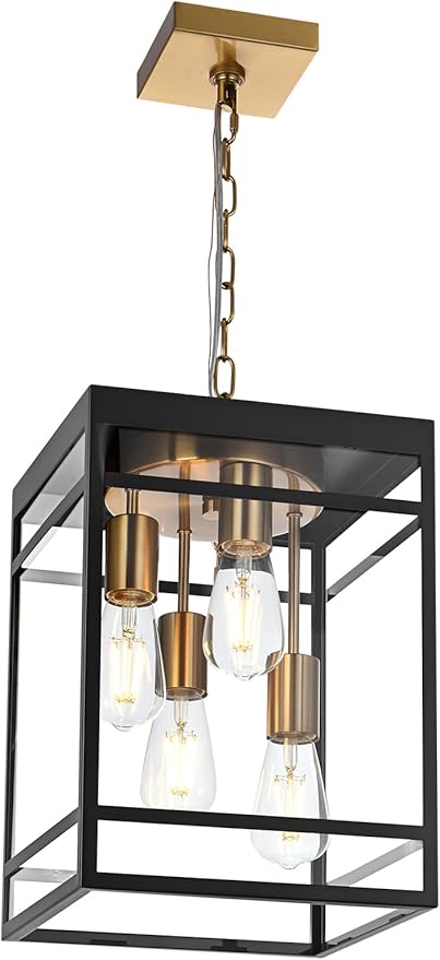 4-Light Outdoor Pendant Lights for Porch, Black & Brushed Brass Outdoor Chandelier 15.7'' Exterior Hanging Porch Light Fixtures w/Clear Glass, Waterproof Outside Pendant Lantern for Garage