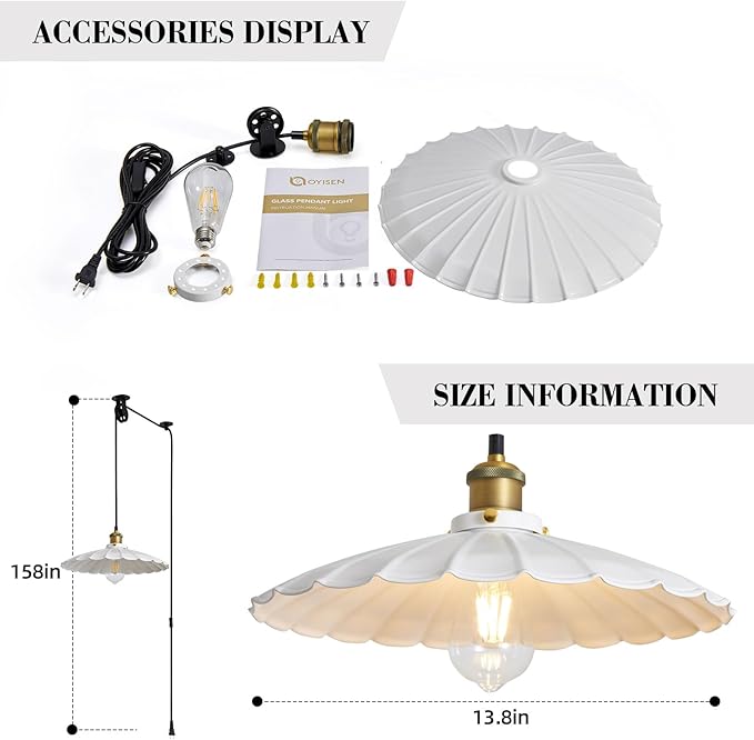 Hanging Plug in Pendant Light 13.8 Inch Round Metal Shade Vintage White Pendant Light for Kitchen Island Dome Industrial Hanging Lamp with Plug in Cord Living Room