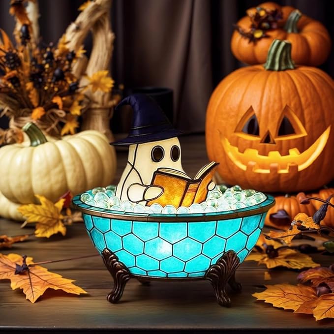 Halloween Ghost Bubble Bath Lamp - Cute Spooky LED Night Light for Bathroom Decor, Bathtub Lights for Kids, Halloween Party Gift Idea, Ghost-Themed Resin Lamp