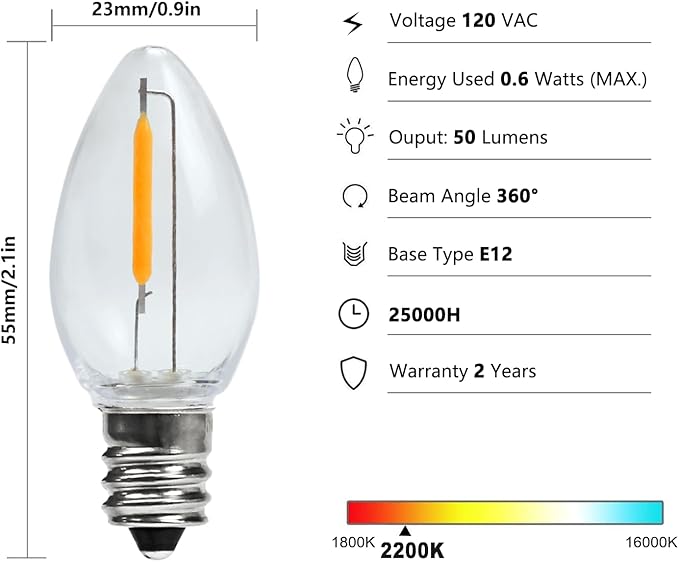 C7 LED Night Light Bulbs, 0.6Watt Equivalent to 7W, E12 Candelabra Small Base, Edison LED Light Bulbs, 2200K Warm White, Clear Plastic, Outdoor String Lights, 6 Pack, Non-Dimmable