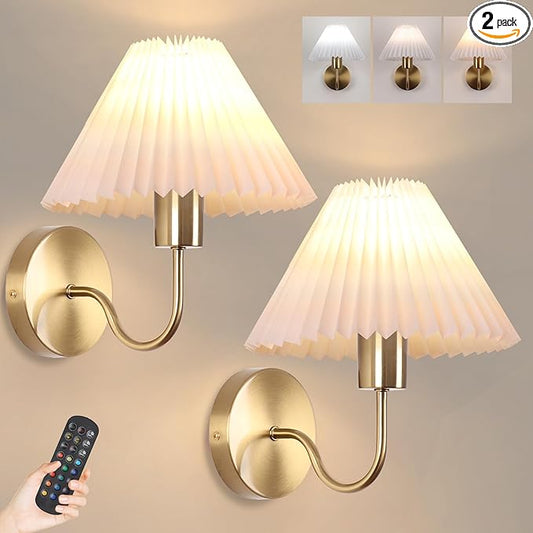 Rechargeable Battery Operated Wall Sconces Set of 2 Brushed Brass Wall Lights with Remote Dimmable Pleated Shades Wall Lamp 15 Colors Wireless Bathroom Vanity Light for Bedroom Living Room Hallway