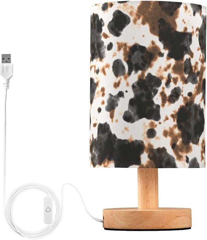 Bedside Table Lamp Cow Tie Dye Print Nightstand Lamp with Wood White Black Brown Animal Skin Desk Lamps for Bedroom Living Room Nursery Office Home Decor