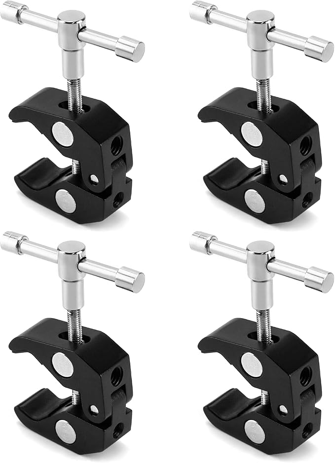 QWORK Super Clamp for Photography, 4 Pack, 1/4'' and 3/8'' Thread Clip for Camera Monitor, Light Stand, Rods, LED Lights