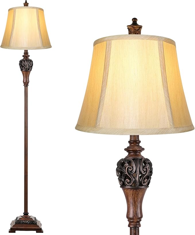 Vintage Floor Lamp for Living Room Traditional Farmhouse Tall Standing Lamp Mid-Century Antique Bedroom Pole Lamp with Bell Shape Faux Silk Shade Elegant Rustic Bright Lighting for Reading Home Decor