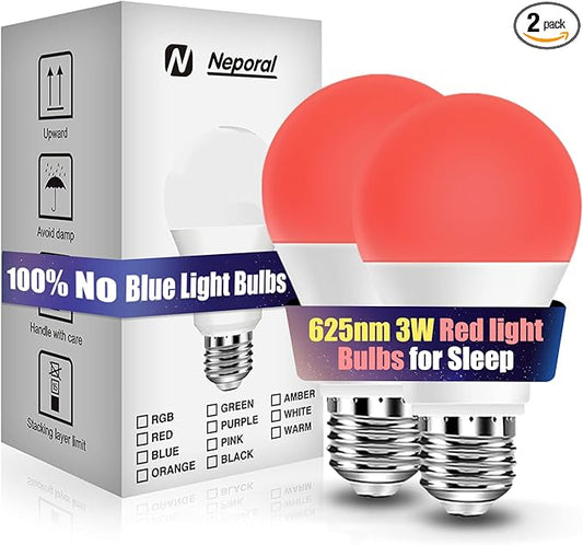 Neporal 3W 625nm Red Light Bulbs for Sleep, 100% Blue Light Blocking Bulb, Red Light Night Light for Melatonin Promoting, A19 40W Equivalent Dim Light Bulbs for Bedroom, Baby Nursery,2 Pack