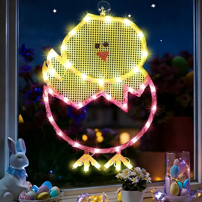 17" 40LED Lighted Cartoon Chick Easter Decor, Warm Glow for Window/Mantel, 120V Plug-in, UL Certified, Sturdy Gift Box Packed
