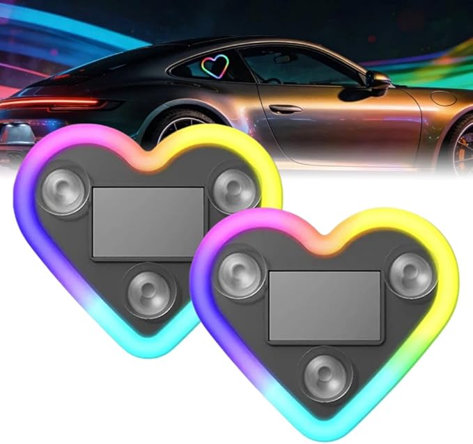 Car LED Ambient Lighting - 7 Colors 8 Modes RGB Solar Powered&USB Charging Heart-Shaped Neon Light for Window IP65 Waterproof Car Interior Light Decoration(2Pcs)