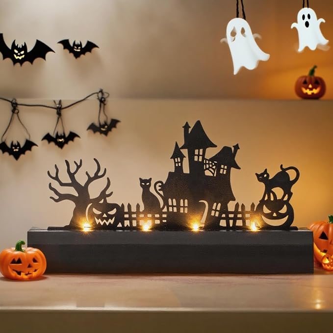 Halloween Table Decor Led Lights Silhouette Decoration Metal Horror Pumpkin Battery Operated Indoor Decoration for Tabletop,Party, Home, Window