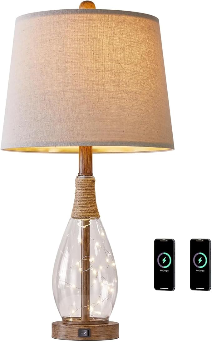 OYEARS 23" USB A+C Table Lamp for Bedroom Living Room Modern Bedside Lamps Retro Farmhouse Rattan Glass Nightstand Nightlight Lamps,Two Light Points