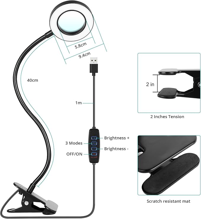 5X Magnifying Glass Desk Clip Light, 10 Brightness, 3 Color Modes, 5V/2A Adapter Included Clamp Light for Reading, Crafting, Close Work (Black)