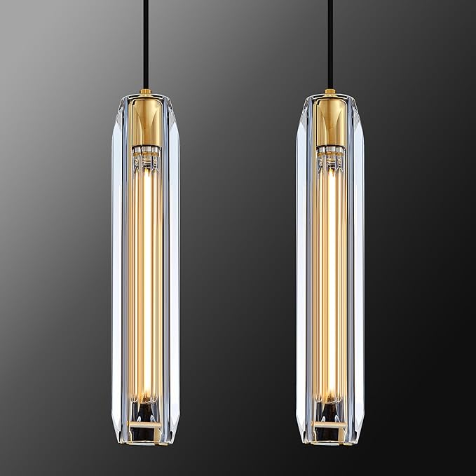 Modern K9 Crystal Pendant Light 2 Pack,14.95'' Clear and Gold Island Pendant Lights,Kitchen Crystal Light Pendant,Bar Pendant Lights,for Kitchen Dining Bathroom Bedroom
