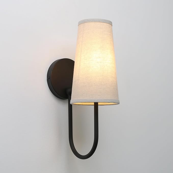 Pathson Set of 2 Linen Fabric Wall Sconces, Hardwired Curved Arm Bathroom Vanity Light with Cone Cloth Shade, Black Indoor Wall Decor Lamp for Living Room, Kitchen, Bedroom, Foyer