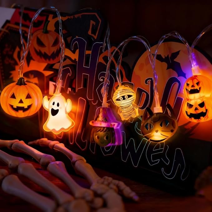 Halloween String Lights with Battery-Powered Decoration Featuring Mummies, Ghosts, Spiders,Witch, Skeletons, Witches, Black Cats-Cute Indoor Party Ornaments for Festive Decoration.（8 Elements）