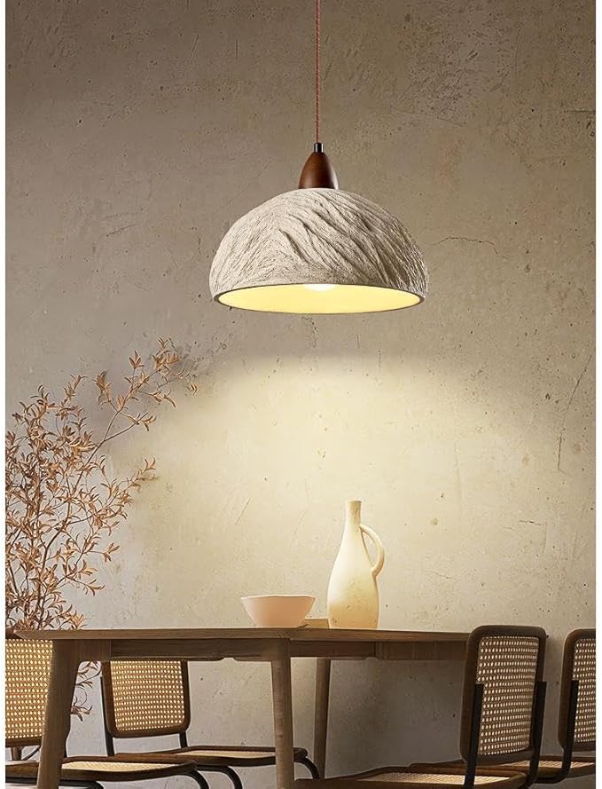 Wabi Sabi Pendant Light, 11" Concrete Pendant Light with Grey Irregular Textured Lampshade & Wooden Ceiling Plate, Retro Cement Hanging Lamp Ideal for Bedroom Living Room Kitchen (No Bulb)