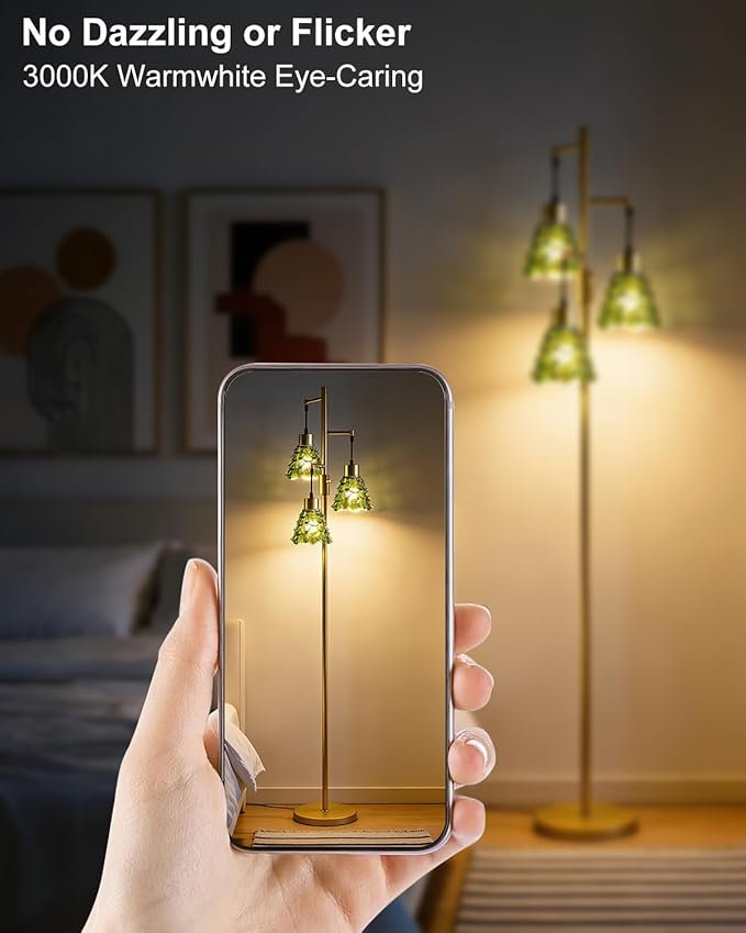 Glass Floor Lamps for Living Room, 67'' 3-Light Dimmable Floor Lamp with Green Glass Shade& E12 Bulbs Included, Mid Century Standing Tall Lamp for Bedroom/Sofa Beside/Corner Decor-Gold