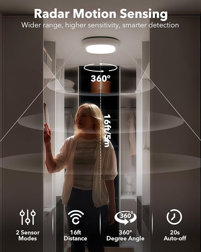 2 Pack IP54 Waterproof Rechargeable Shower Light Indoor, 12000mAh Motion Sensor Wireless Ceiling Light with Remote No Wiring, Battery Operated Closet Lights Cordless LED Overhead Lighting for Bathroom