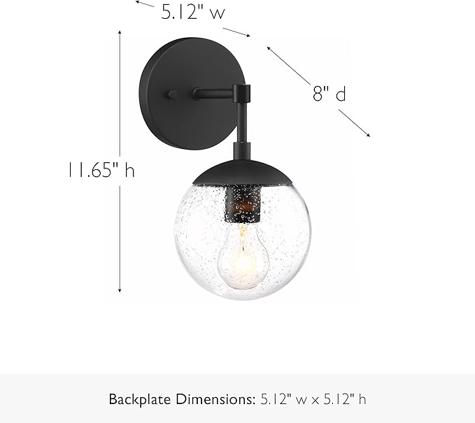 Design House Gracelyn 1-Light Dimmable Wall Sconce, Seeded Glass, Matte Black, 11.65 in H x 6.11 in W x 8 in D, 588871-BLK