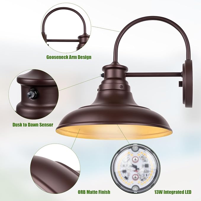 Oil Rubbed Bronze Dusk to Dawn LED Outdoor Barn Lights - Farmhouse Gooseneck Exterior Wall Lighting Fixture, 12" Porch Lights, Outside Wall Lights for House Garage Patio Doorway (13W 2700K), 2 Pack