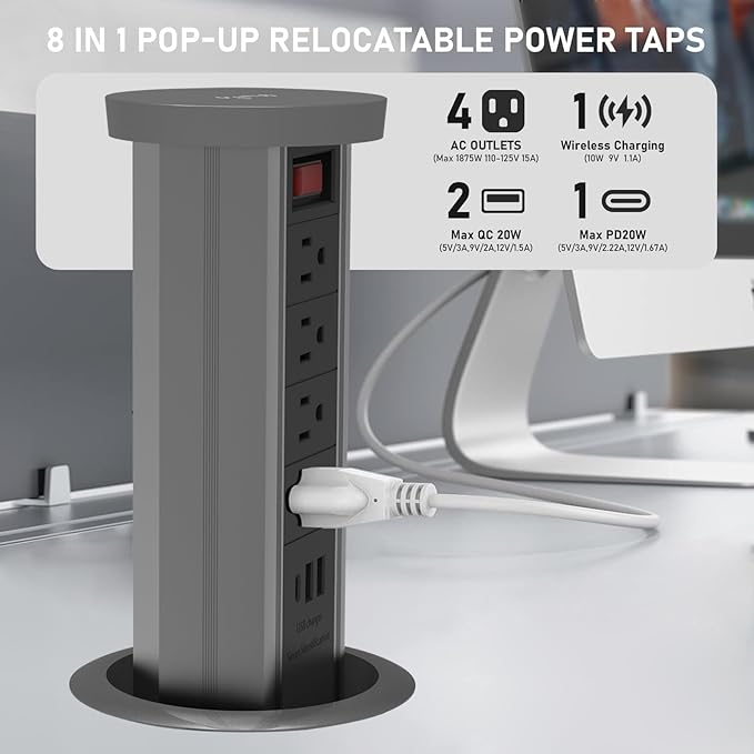 Pop up Outlet for countertop 4.72in Desk Grommet Power Station PD20W USB C 4 Outlets 3 USB Ports 1 Wireless charger 15A Outlets Fast charging Space Saver Outlet for Kitchen Office 6ft Cord
