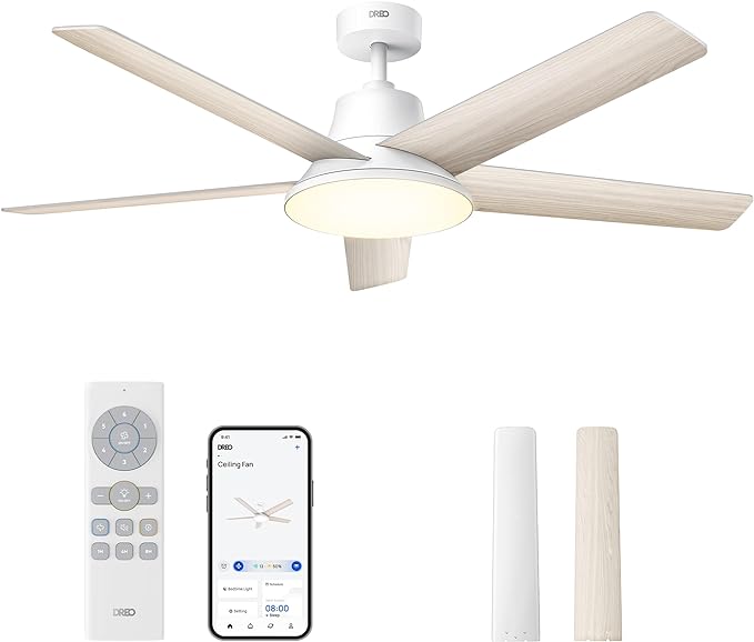 Dreo Smart Ceiling Fan with Lights, 52 Inch, 12 Speeds & 3 Fan Modes, Stepless Color Tones, Dimmable LED Light, 12H Timer, Quiet DC Motor, Remote/APP/Alexa Control, White Ceiling Fans Indoor