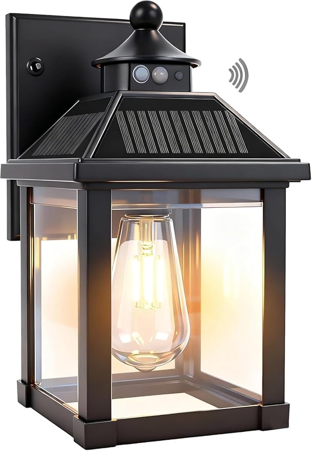 Solar Wall Lights Outdoor: Solar Porch Sconce Light Dusk to Dawn Waterproof Lantern Fixture with 3 Lighting Modes & Motion Sensor - for Front Door Garage Porch Yard Fence