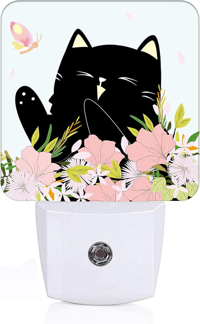 Black Cat and Flowers Night Light,Plug Into Wall for Boys Girls Bedroom Decorative Square Night Light Lamp 0.5w Sleep Friendly