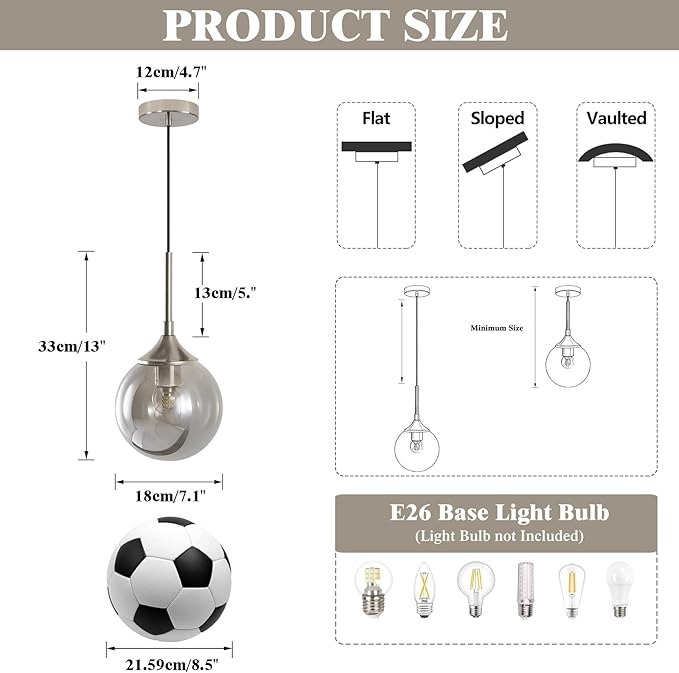 KCO Lighting 7.1” Smoked Glass Pendant Light Single Pendant Light Brushed Nickel Dining Room Light Fixtures Globe Hanging Light Fixture