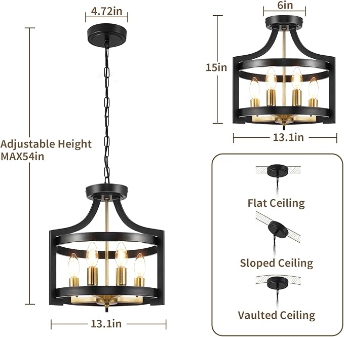HOXIYA Farmhouse Chandelier, Adjustable Height Pendant Light Fixture, Convertible Semi Flush Mount Ceiling Light, 4 Light Modern Black and Gold Chandeliers for Dining Room Kitchen Foyer Entryway