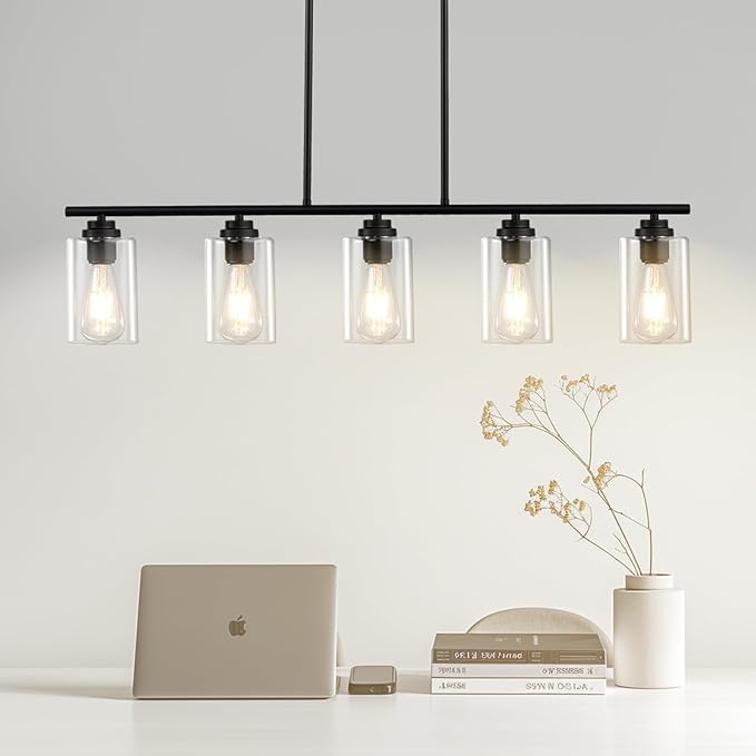VEVOR 5-Light Kitchen Island Pendant Lights, 60W, Adjustable Dining Room Light Fixture with Clear Glass Lampshade 4 Rods 2 Metal Chains, Metal Frame Farmhouse Linear Chandeliers for Dining Room, E26