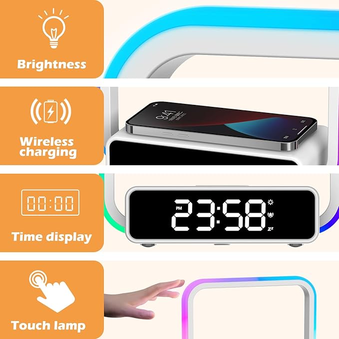Digital Alarm Clock Wireless Charger, Dimmable Small Bedside Lamp with Alarm Clocks for Bedrooms Home Office Touch Control RGB Night Light Nightstand Lamp for Men Teen