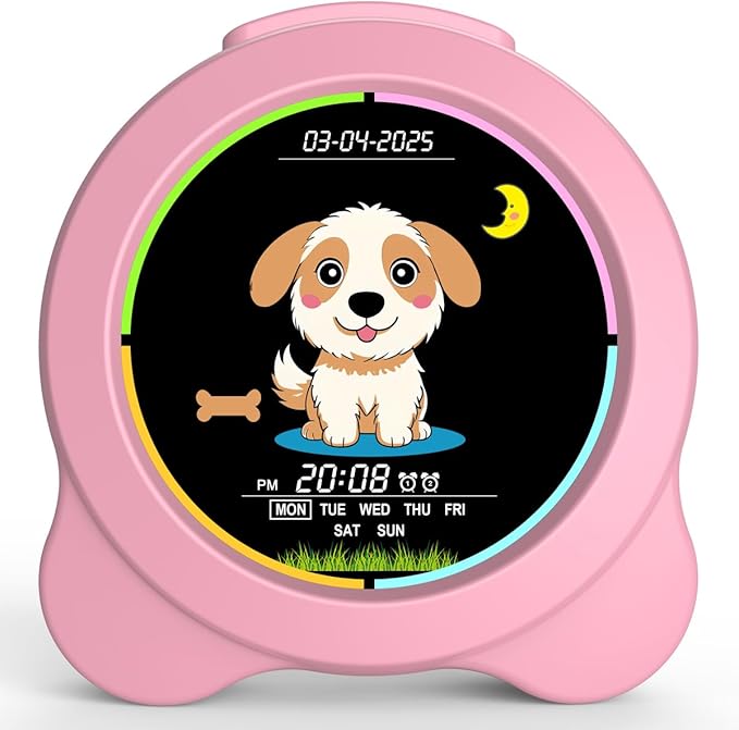 Kids Alarm Clock Sun & Moon& Dog LED Display with Day & Date OK to Wake Clock with Night Light for Kids Children's Sleep Trainer Gift for Boy and Girls
