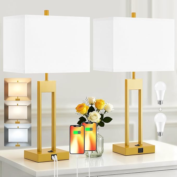 GyroVu 25.5" Nightstand Table Lamps for Bedrooms Set of 2, Bedside Lamp with USB C+A, 3 Colors Changeable Living Room Lamp, Modern Night Stand Lamps for Bed Side Guest Room Reading, Gold+White Shade