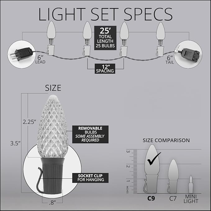 Wintergreen Lighting 25 C9 OptiCore LED Commercial Outdoor Christmas Lights – Heavy Duty Christmas String Lights; Green Wire (25 ft, Cool White)