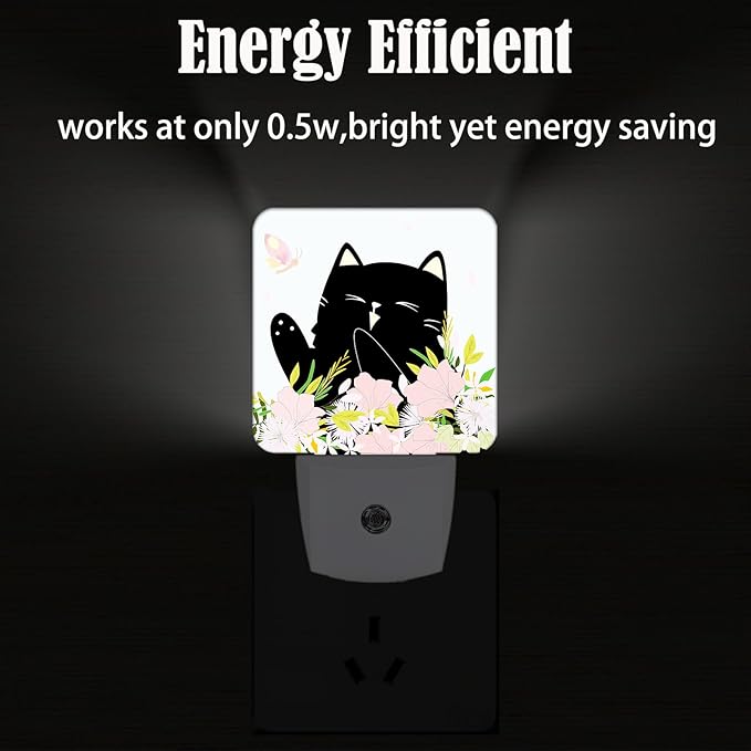 Black Cat and Flowers Night Light,Plug Into Wall for Boys Girls Bedroom Decorative Square Night Light Lamp 0.5w Sleep Friendly
