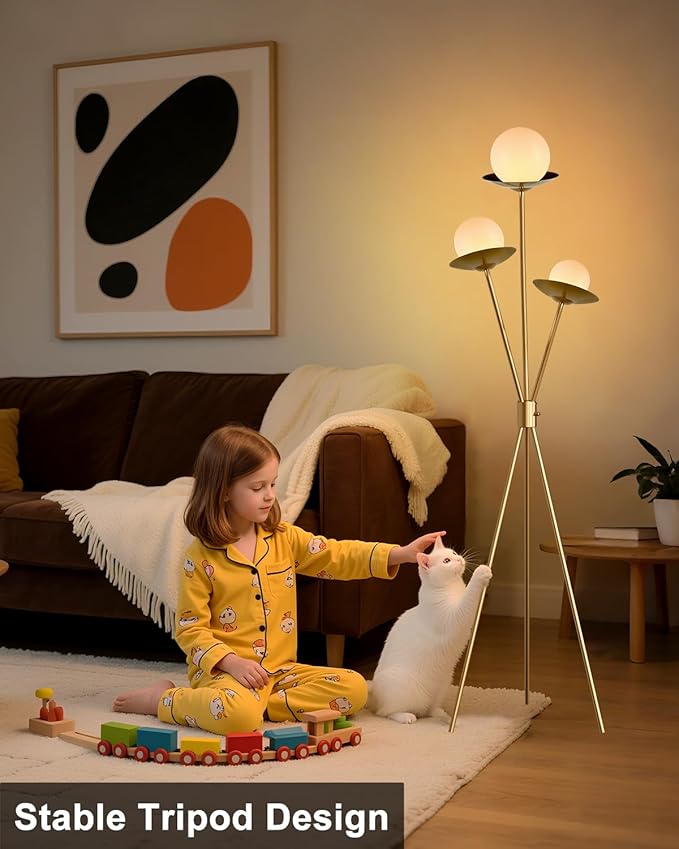 3 Globe Dimmable Tripod Floor Lamp, Mid Century Tree Floor Lamps with 3Pcs 3000K Bulbs Included, Modern Standing Tall Lamp for Living Room Bedroom Home Office Corner-Gold