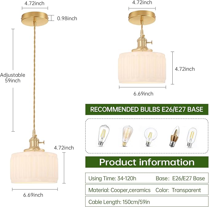 Battery Operated Pendant Light 5000mAh Rechargeable Chandelier with Remote Control Wireless Adjustable Hanging White Striped Light for Kitchen Island Dining Room Hallway
