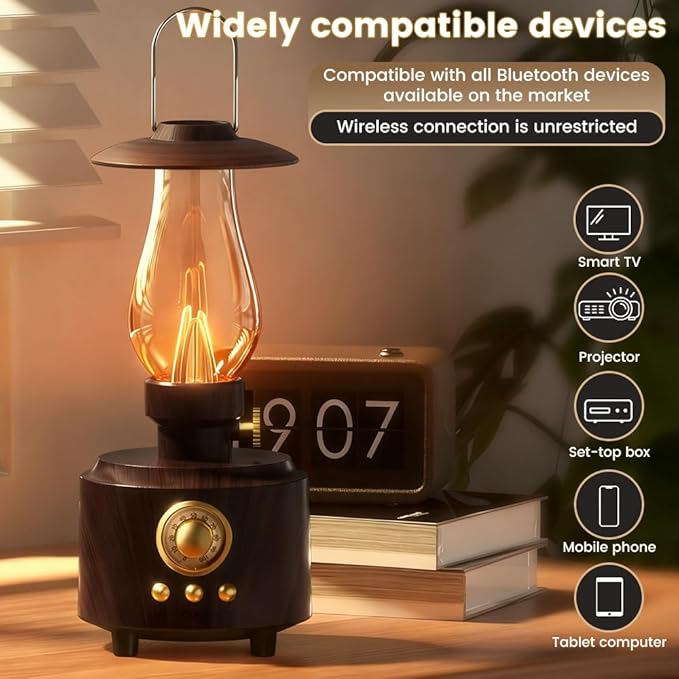 HomeBeyond Vintage Kerosene Table Lamp, Bedside Night Light with Bluetooth Speaker, Rechargeable Bedside Lights, IPX4 Waterproof Camping Lamp for Camping Party Holiday Home Decor Gift (Woodgrain)