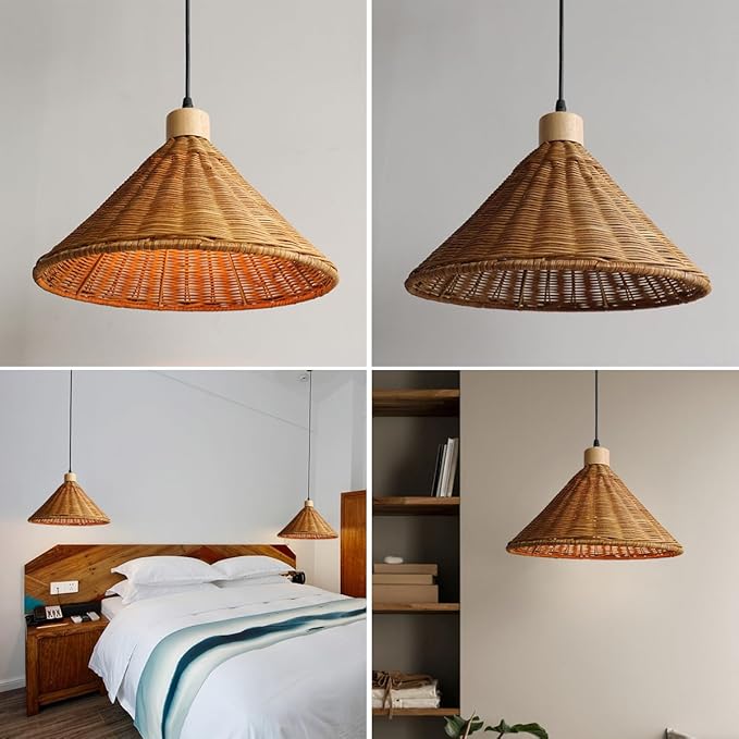 Hanging Light Fixture 13inch Bamboo Pendant Light Boho Hand-Woven Wicker Rattan Pendant Lamp Rustic Chandelier for Over Table Kitchen Island Farmhouse, 1-Light