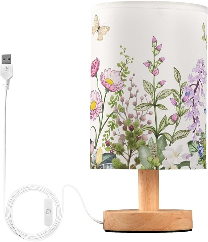 senya Flower Table Lamp for Bedroom Living Room, Spring Wild Flowers Butterfly Bedside Lamps with USB Charging Ports Nightstand Light Lamps