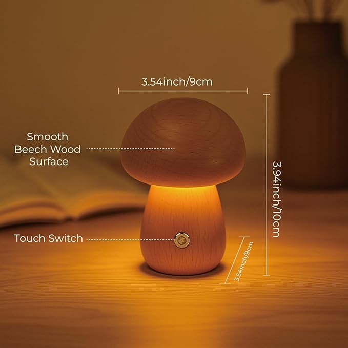 Mushroom Lamp, Rechargeable Touch Control Mushroom Night Light, Portable Dimmable Wooden Lamp for Kids Room, Bedroom, 3.9" H