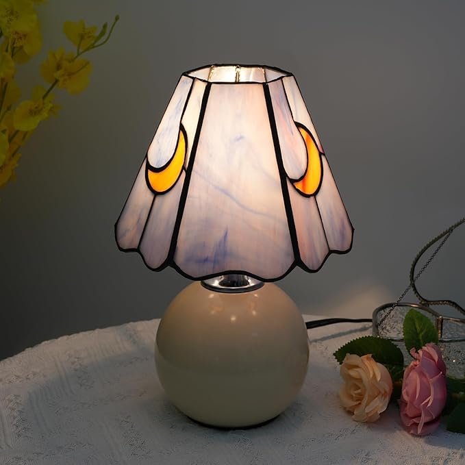 Mushroom Lamp Tiffany Lamp Stained Glass Table Lamp Moon Cute Small Bedside Lamps for Living Room Home Decor,Unique Aesthetic Home Living Room Decor Girls Women Birthday Day Gift,Pink Blue