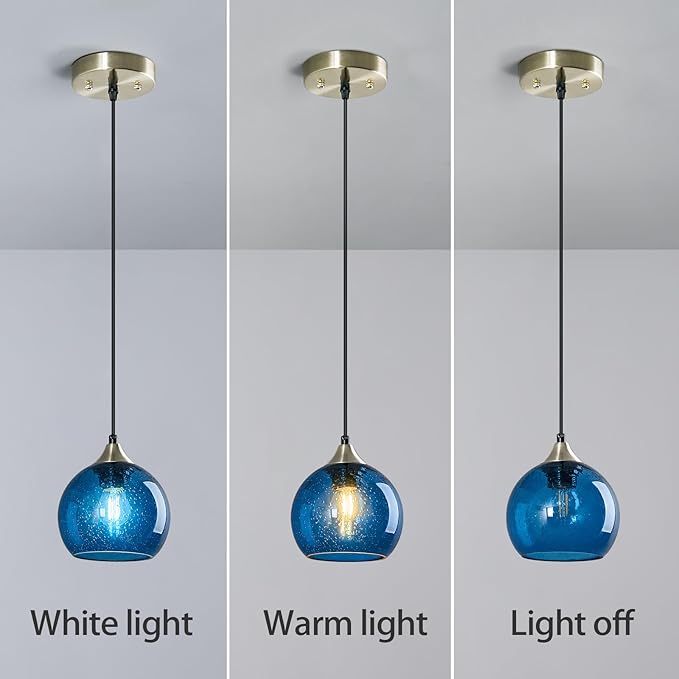 Blue Glass Pendant Lights Kitchen Island Lighting Globe Pendant Light Fixtures Modern Pendant Lighting for Kitchen Island Bedroom Living Dining Room Light Fixture(5.9in, 1-Pack)