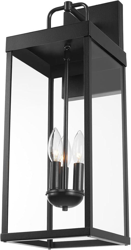 Outdoor Wall Sconce Light, 24 Inch Tall Transitional Exterior Wall Bracket Lighting with Clear Glass, Anti-Rust Powder Coat Black Modern Outside Carriage Lantern Lamp for Porch Garage Patio