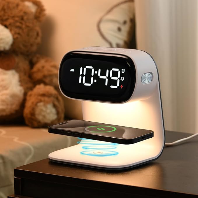 WILIT Alarm Clock with Wireless Charging,Dimmable Night Light,Snooze Function,10W Fast Charger,Modern Bedside Clock for Bedroom,Kids,Teens,Adults,Gift for Men and Women(White)